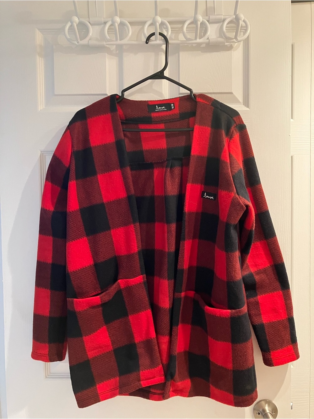 Open-Front Red & Black Buffalo Plaid sweater